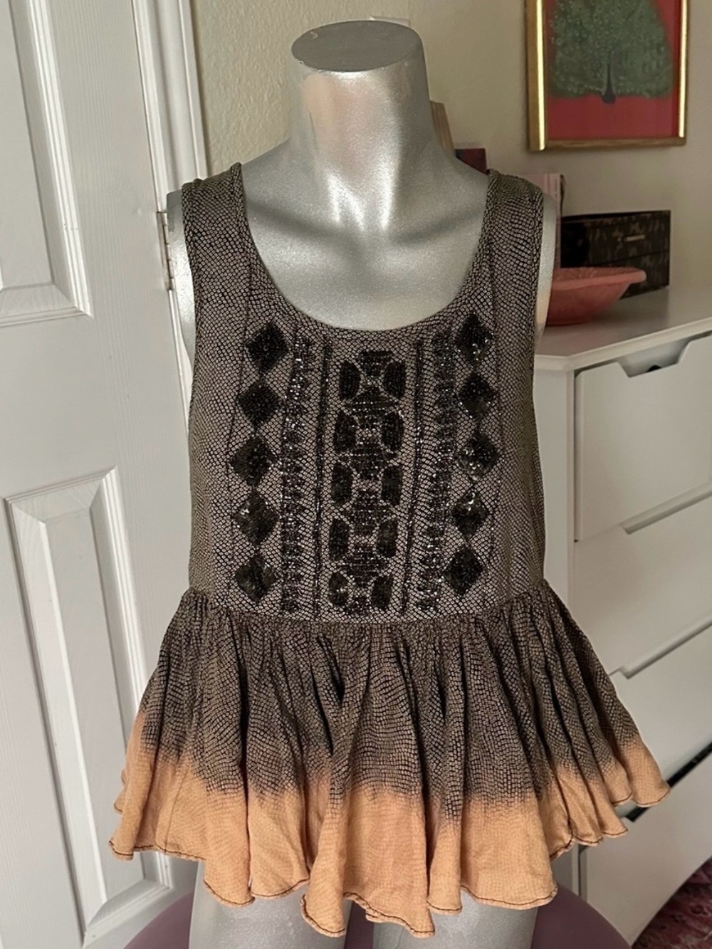 Anthropologie Akemi + Kin Tan & Black Boho Sequin Ruffle Sleeveless Top